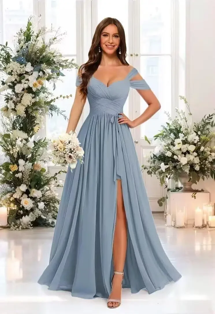 Vestido de dama de honor con hombros descubiertos y bolsillos de gasa con volantes y cuello en V, vestidos de noche formales con abertura, vestido de fiesta
