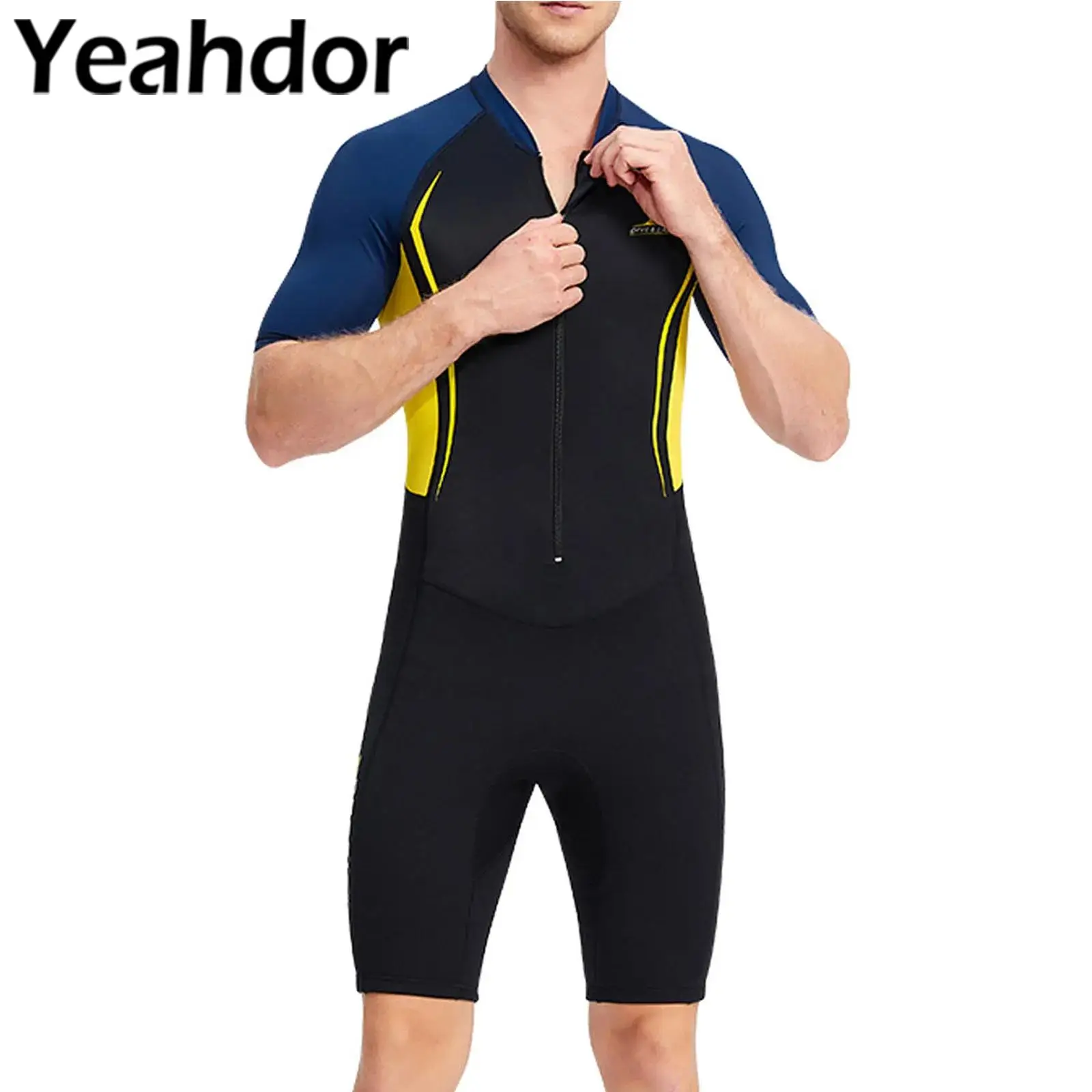 

Men 1.5mm Neoprene One Piece Athletic Swimsuit Short Sleeve Front Zipper Diving Wetsuit Swimwear Rash Guard Surfing Bathing Suit