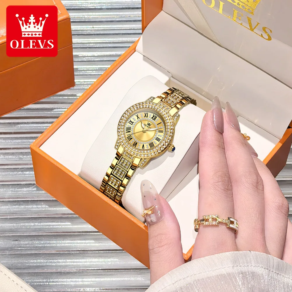 

OLEVS 9943 Женские часы Римские часы с бриллиантами Золотые элегантные кварцевые женские часы из нержавеющей стали