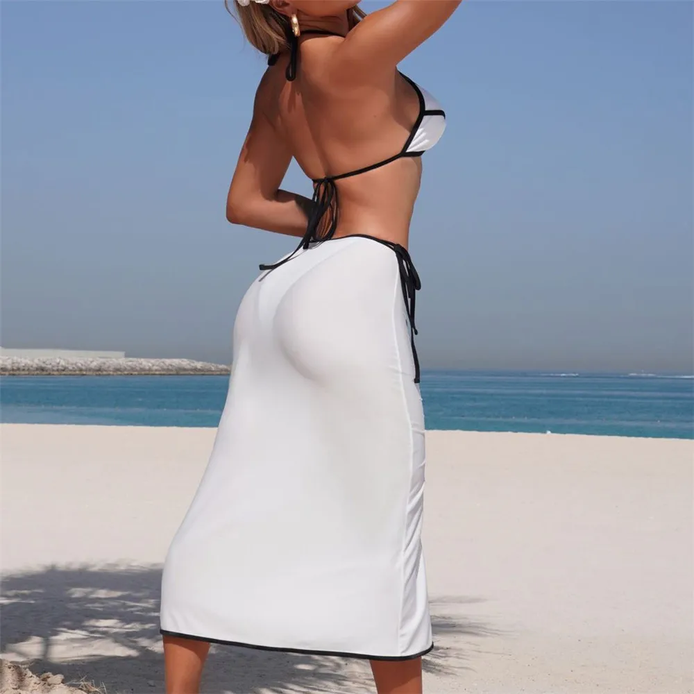 White Triangle String Halter Micro Thong Bikinis Sets 3 Pieces Ruffled Skirts Cover Up Sexy Swimsuit Women Holiday Swimwear 2025