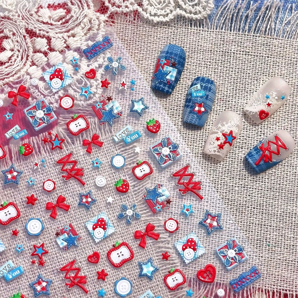 

Lovely Apple Flowers Love Button Bowknot 3D Self Adhesive Nail Art Sticker Patchwork Star Square Denim Manicure Decals Wholesale