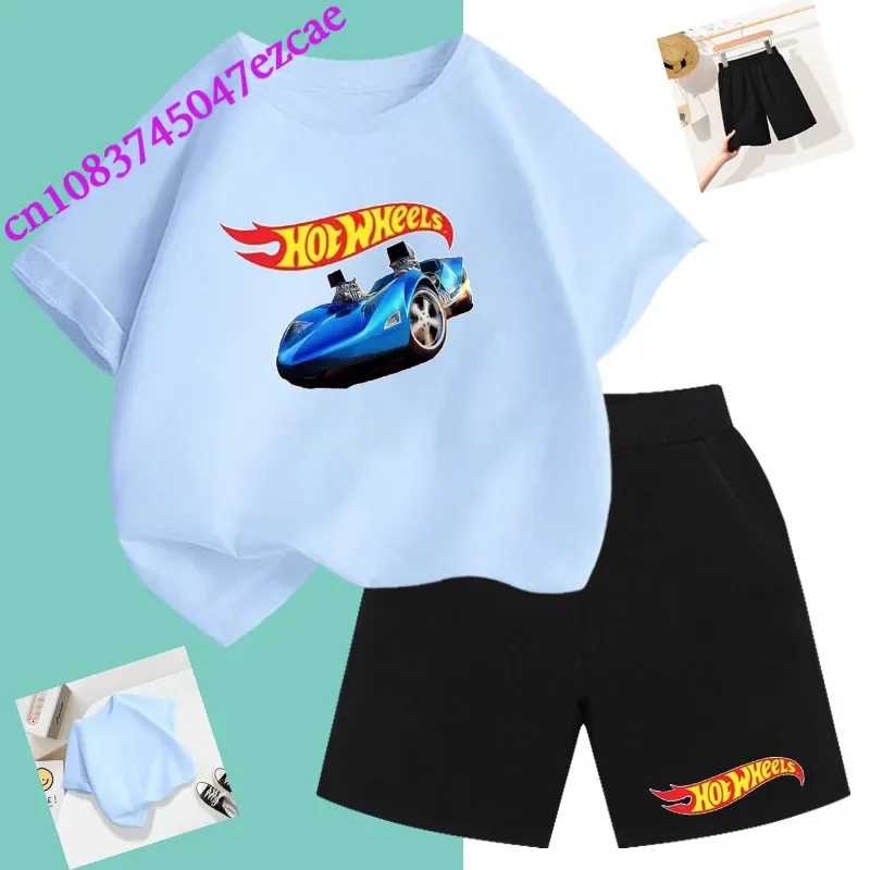 2024 New Hot Wheels summer print children's wear T-shirt suit short-sleeved shorts two-piece sports casual children wear t shirt