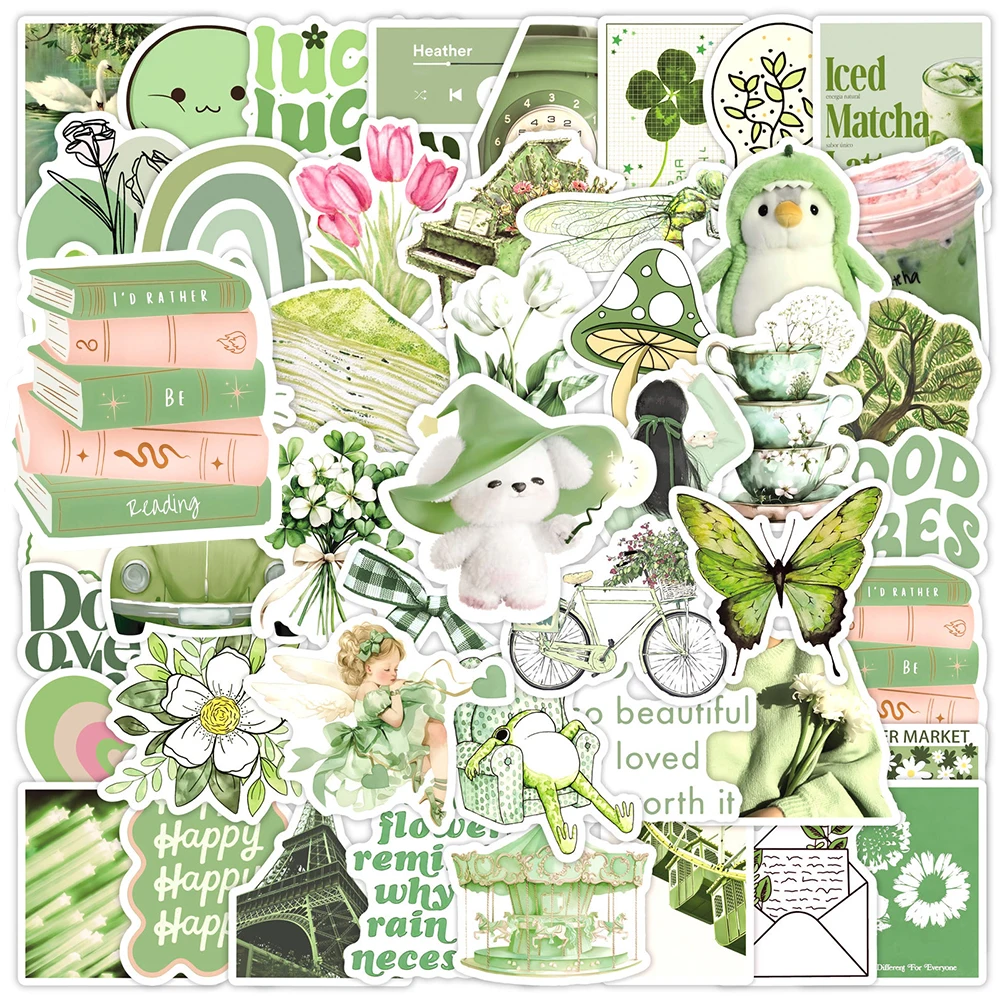

10/30/50pcs Cute Ins Style Green Aesthetic Stickers Kawaii Cartoon Sticker Water Bottle Phone Notebook Girls Decals Decoration