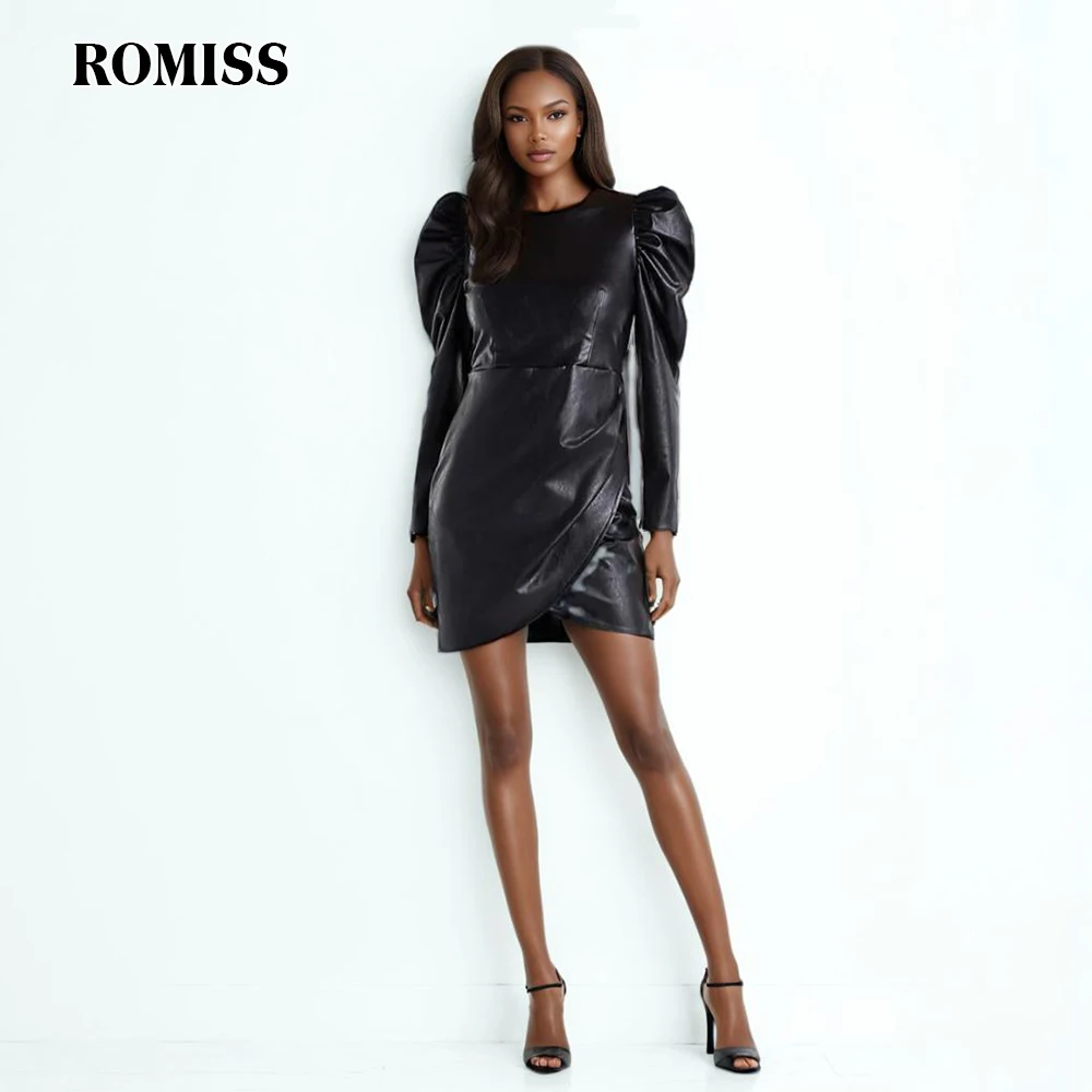 ROMISS Minimalist Dresses For Women Round Neck Puff Sleeve High Waist Pullover Leather Slimming Casual Dress Female New 2024