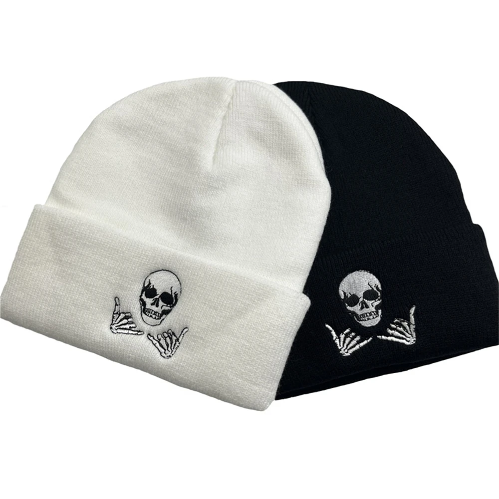 1pcs Winter Embroidery Skull Gestures 66 Acrylic Knit Beanies Hat For Men Women Couple Outdoor Mountaineering Warming Cold Caps