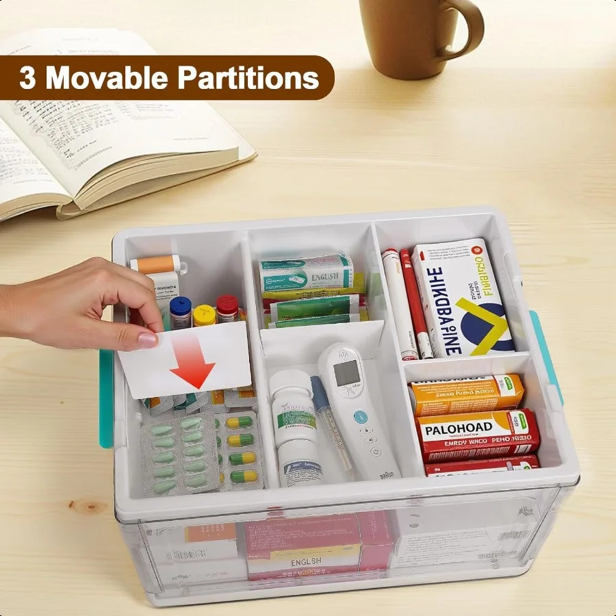 24QT Clear Medicine Storage Box Large Capacity First Aid Box with Tray Plastic Medicine Organizer Boxes with Handle Medical ply