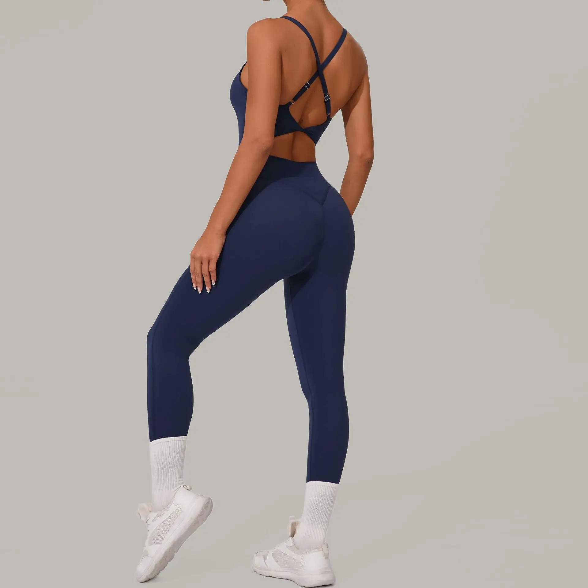 Pad Women's High-Waisted One Piece Bodysuit U-Neck Cross Back Adjustable Spaghetti Straps Butt Lifting Fitness Jumpsuit XP135