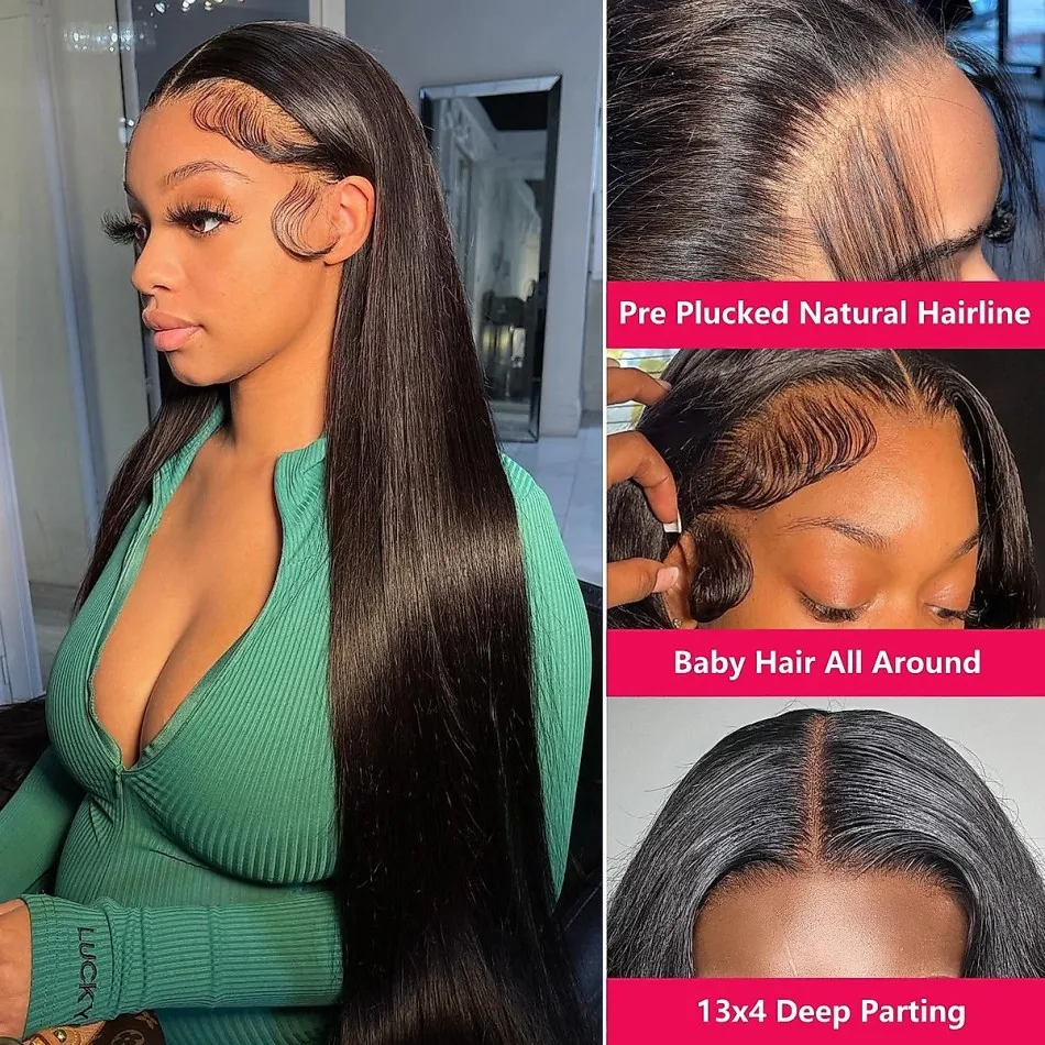 Straight Human Hair Wigs Glueless 220 Density 13X6 HD Transparent Lace Frontal Wig Natural Black 40 Inch 5X5 Hd Lace Closure Wig view 3