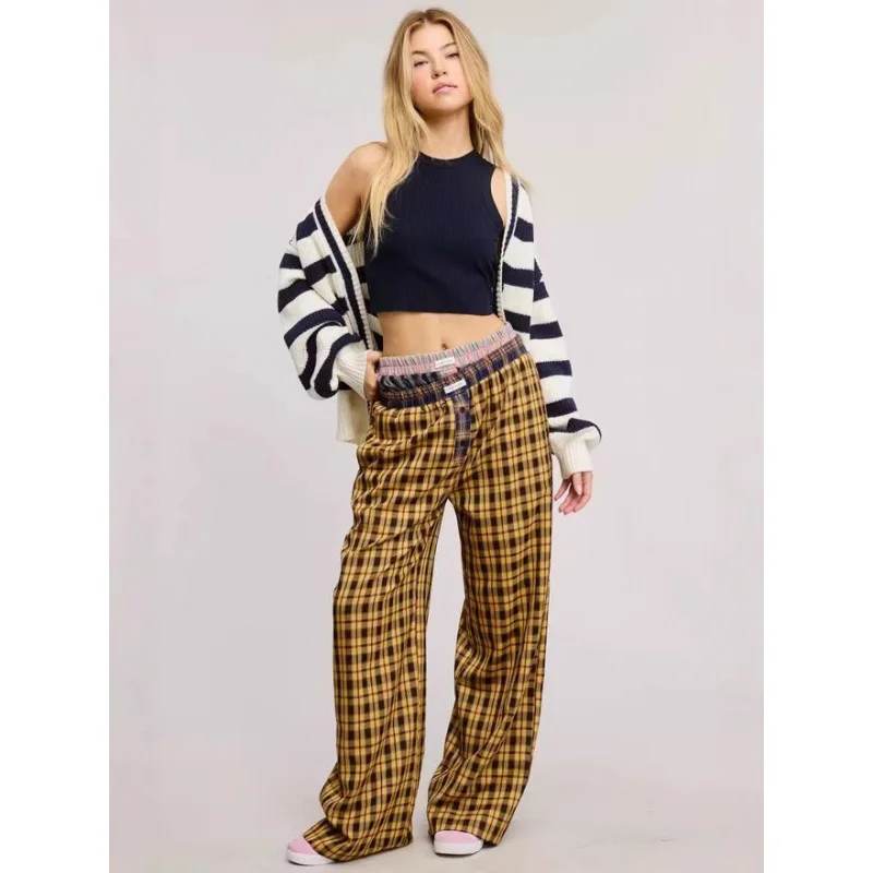 

American Style New Patchwork Plaid Casual Pants Autumn Tall Slimming Loose Straight Floor-Length Pants
