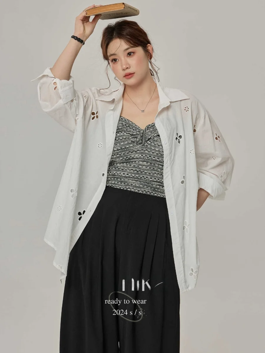 

Женская белая блузка-рубашка большого размера с длинным рукавом и защитой от солнца, новинка 2025 года, с ажурным дизайном, повседневная, свободного кроя