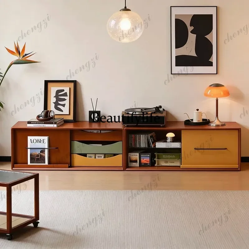 Medieval style contrasting color solid wood retro living room floor storage TV cabinet m138
