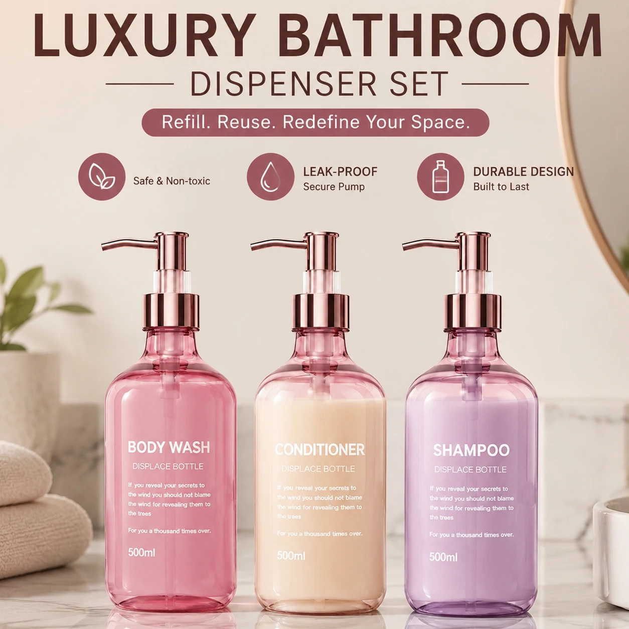 Bathroom Shower Dispenser Set, Refillable Pink Shampoo, Conditioner and Bodywash Bottles for Elegant Bath Decor view 4
