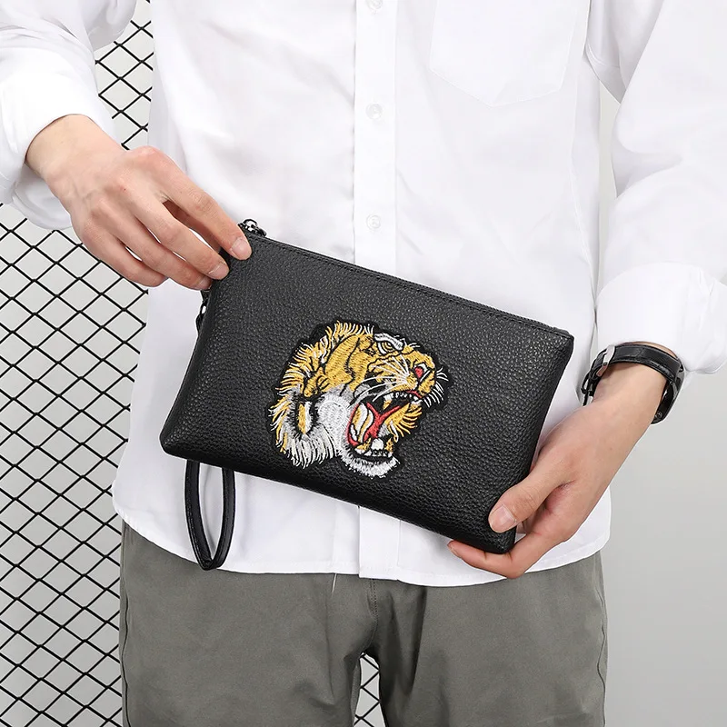 Men\'s Tiger Head Embroidered Clutch Bag PU Envelope Handbag