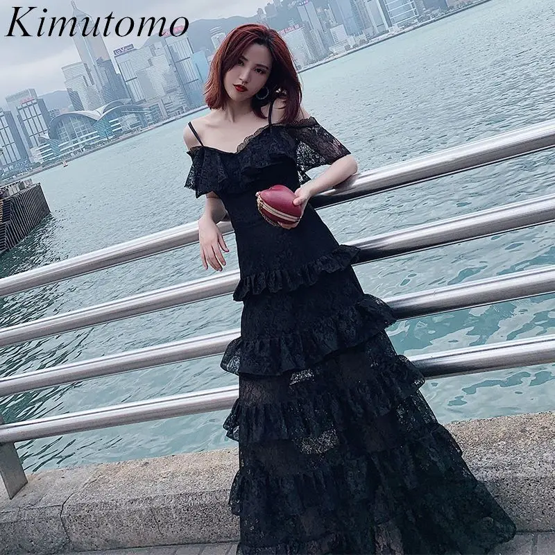 

Kimutomo Hook Flower Lace Cake Dress Slash Neck Sexy Celebrity Elegant Party Dresses Women Evening Multi Ruffles Black Vestidos