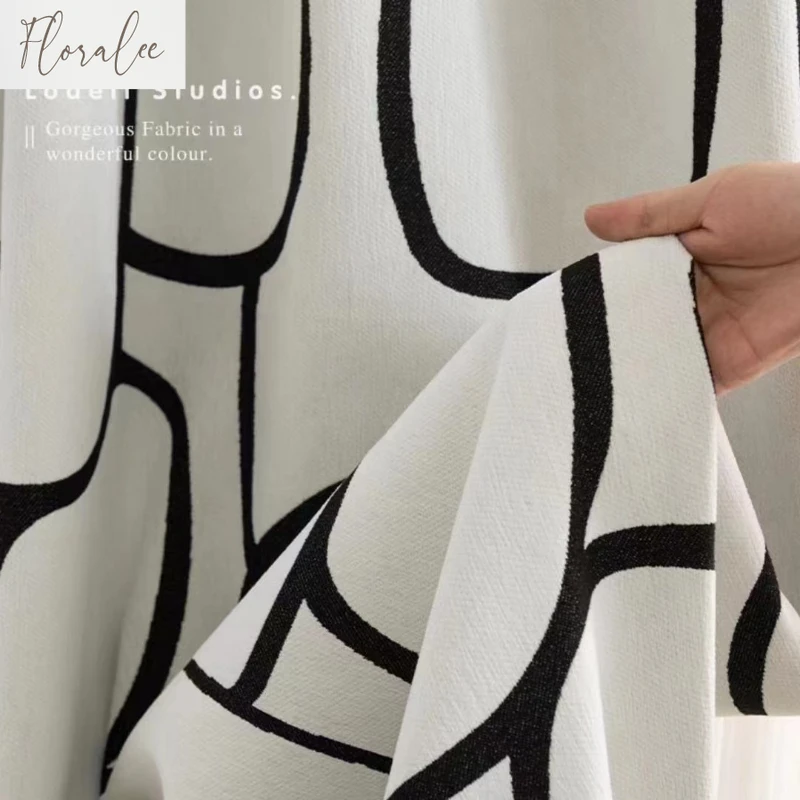 Striped Chenille Black and White Jacquard Blackout Curtains for Living Dining Room Bedroom French Abstract Curve Fabric Custom
