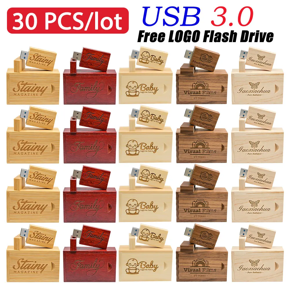 30pcs/lot Flash Drive Usb 3.0 Wooden / Bamboo pendrive 4GB 8GB16GB 32GB 64GB 128GB Free Logo for Photography Wedding Gift