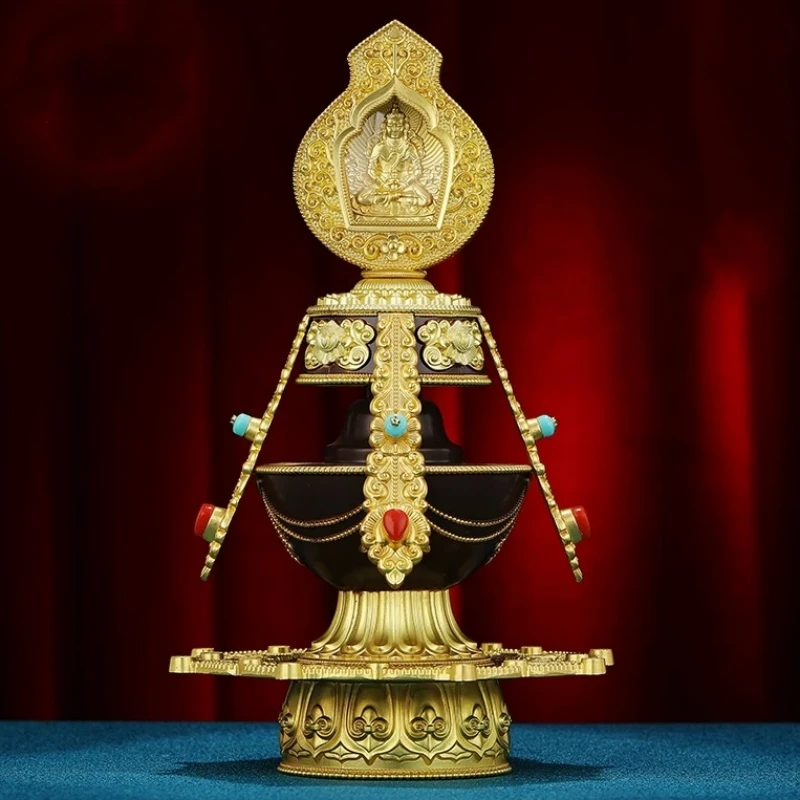 Tibetan Infinite Longevity Altars Bottle,Alloy Aquarius Inlaid Gem Buddhist Storage Bottle,Buddhism Religious Item Decorative