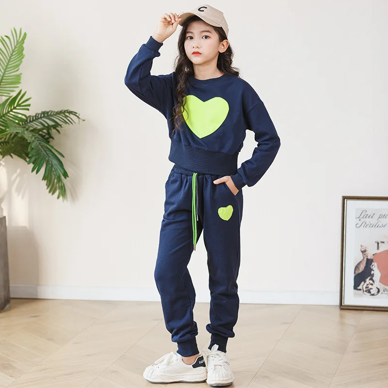 Children Girl Thicken Tracksuit Teenager Girl Peach Heart O-neck Pullovers Top+Sport Pants Child Jogger Workout Set 5-14Yrs