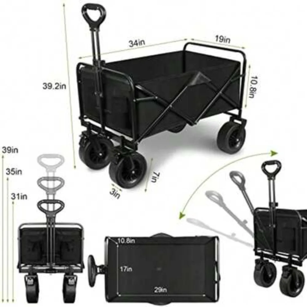 Collapsible Folding Wagon Cart with All Terrain Wheels, 2 Cup Holders, Heavy Duty Portable Beach Wagon for Garden Camping Fishing Shopping Grocery Outdoor Utility Cart, 360 Degree Swivel Front Wheels, Large Loading Capacity, Easy Storage
