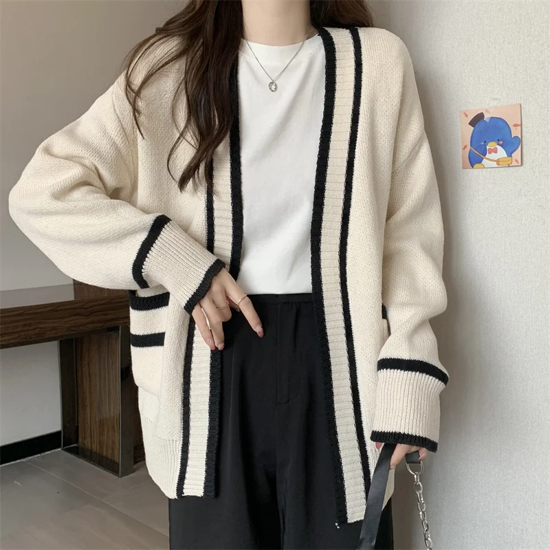 Varsity Cardigan Long Sleeve V-Neck Open-Front Sweaters Knit Jacket for Women Preppy Style