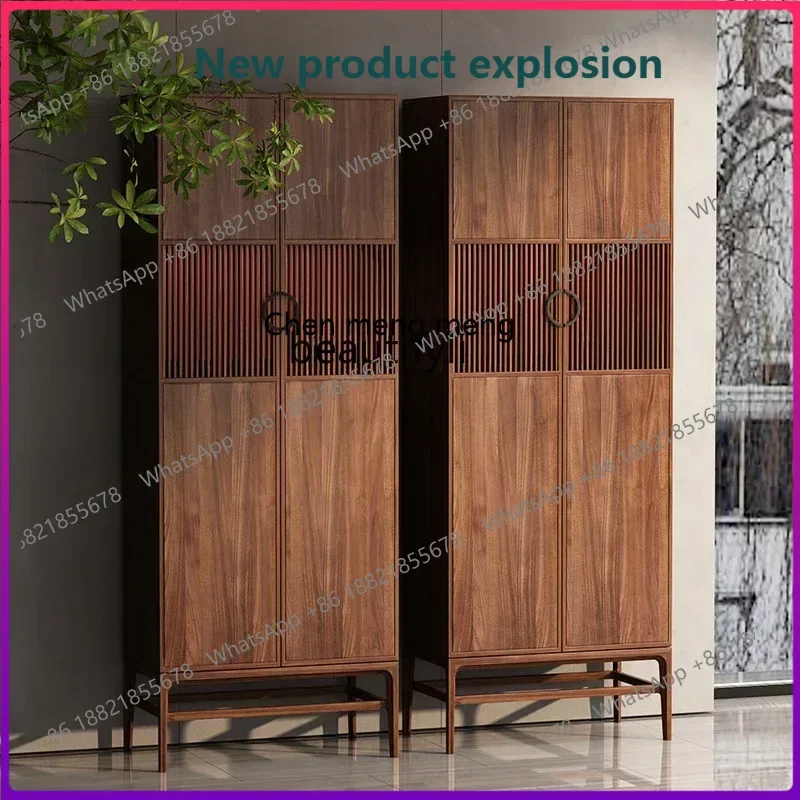 New Chinese-style entrance cabinet, tea room living room light luxury side cabinet high-end villa, black walnut vertical cabin