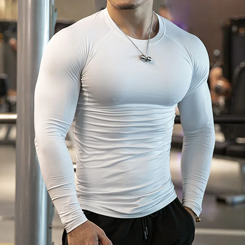 Men Slim Fit Muscle Shirts Long Sleeve T Shirt Men Gym Fitness Casual Autumn O-Neck Quick Dry Solid Top Tees