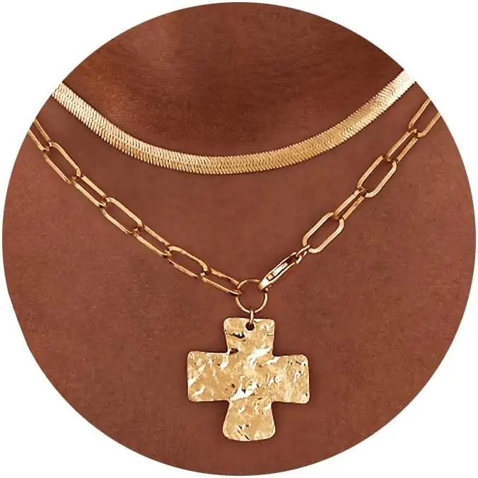 

Mothers Day Gift Chunky Cross Pendant Necklace 14K Gold Plated Layered Paperclip Chain Crucifix Jewelry