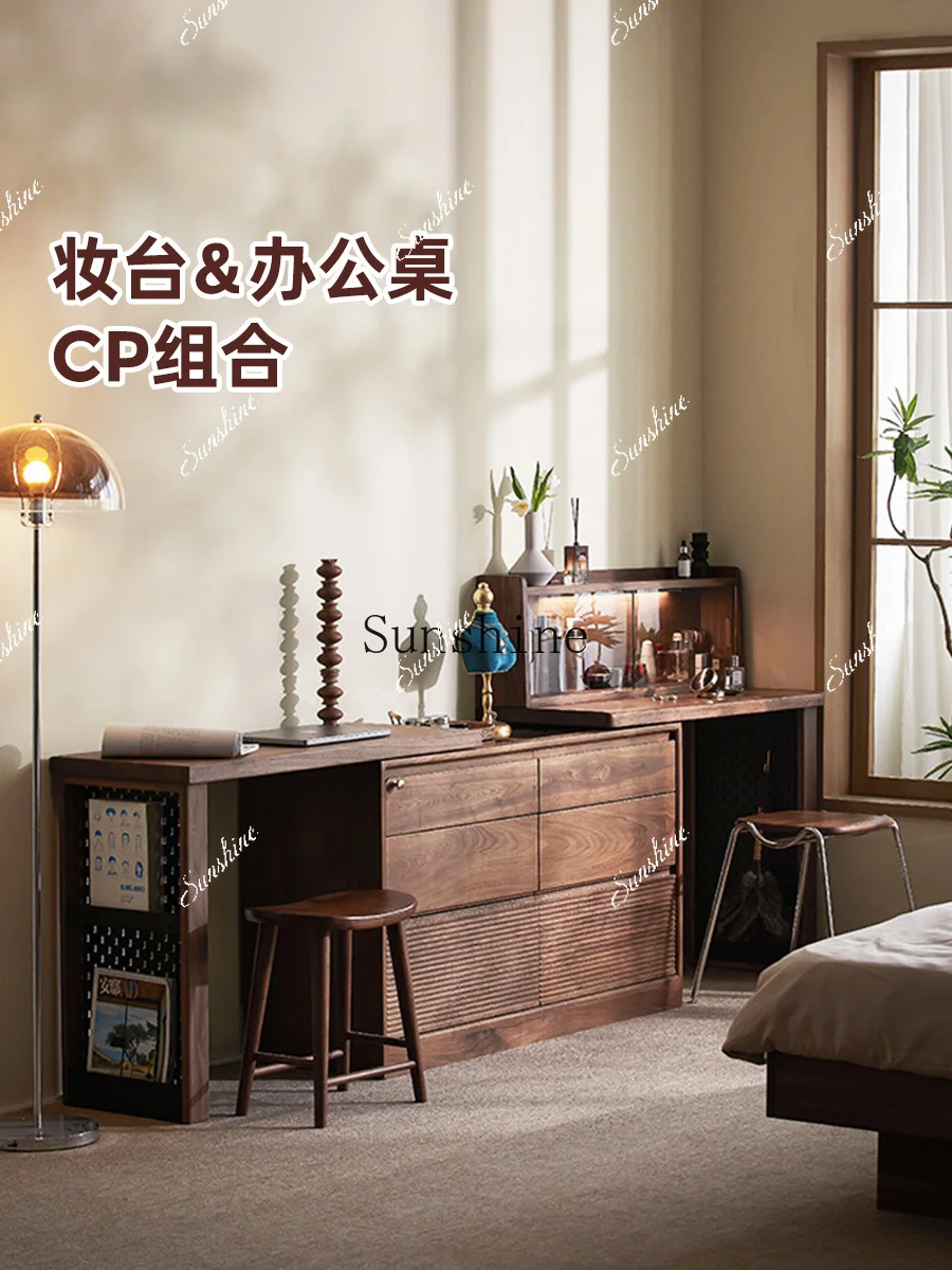 Solid wood dresser chest integrated desk bedside cabinet black walnut bedroom removable  FT