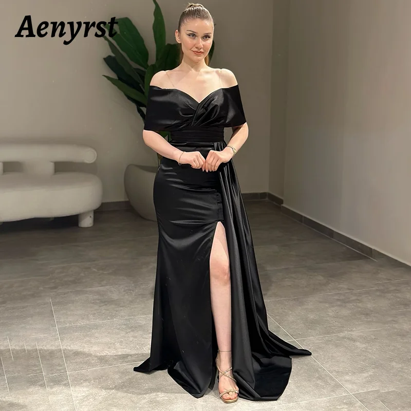 

Aenyrst Saudi Elegant Black Prom Dres Women Off Shoulder Party Evening Dresses Floor Length Side Slit Formal Occasion Gowns 2025