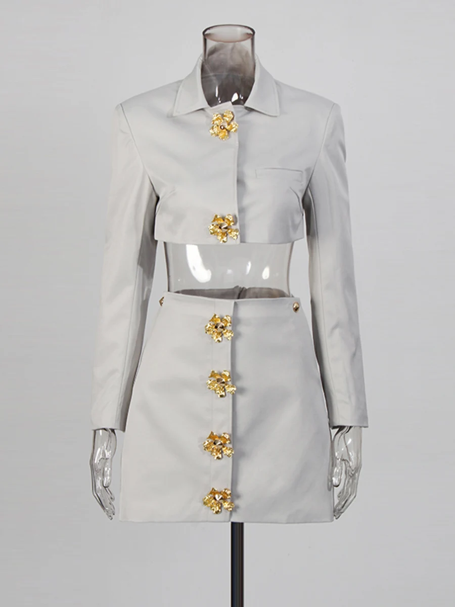 CHICEVER Grayblue أزرار مقسمة قطعتين مجموعة الإناث التلبيب كم طويل سترة تخفيف الفكرية المرأة تنورة مجموعات الموضة #2