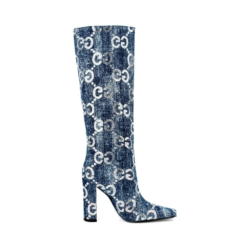 Bottes Hautes en Denim à Talons Hauts et Paillettes, Chaussures de Luxe avec Design de Grande Taille 43 45 47, Nouvelle Collection Automne et Hiver 2024