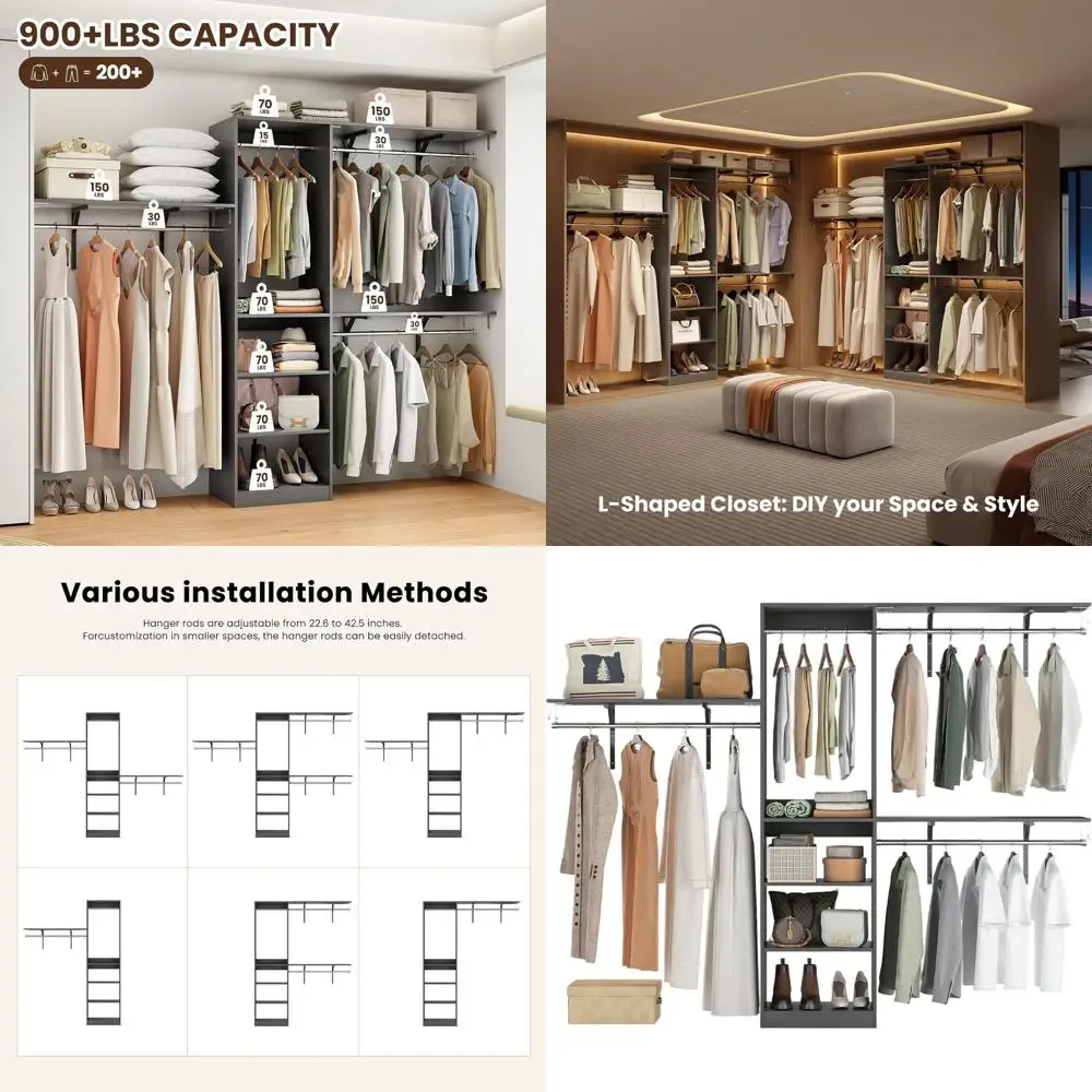 

Регулируемый прочный органайзер для шкафа с 6 полками и 3 выдвижными штангами, грузоподъемность 900 фунтов, 96 дюймов (длина) x 16 дюймов (ширина) x 75 дюймов (высота), серый