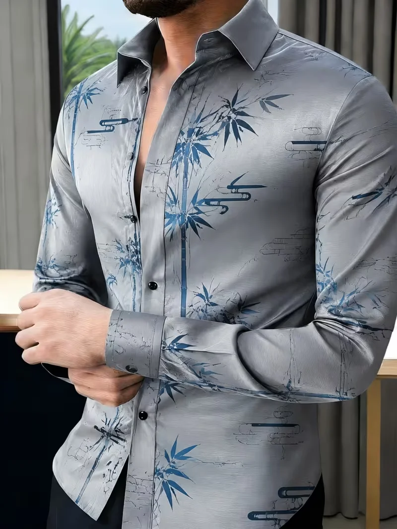 New Men's National Style Peony Flower Printed Long Sleeve Shirt Retro Plant Flower Collar Button Men's Shirt