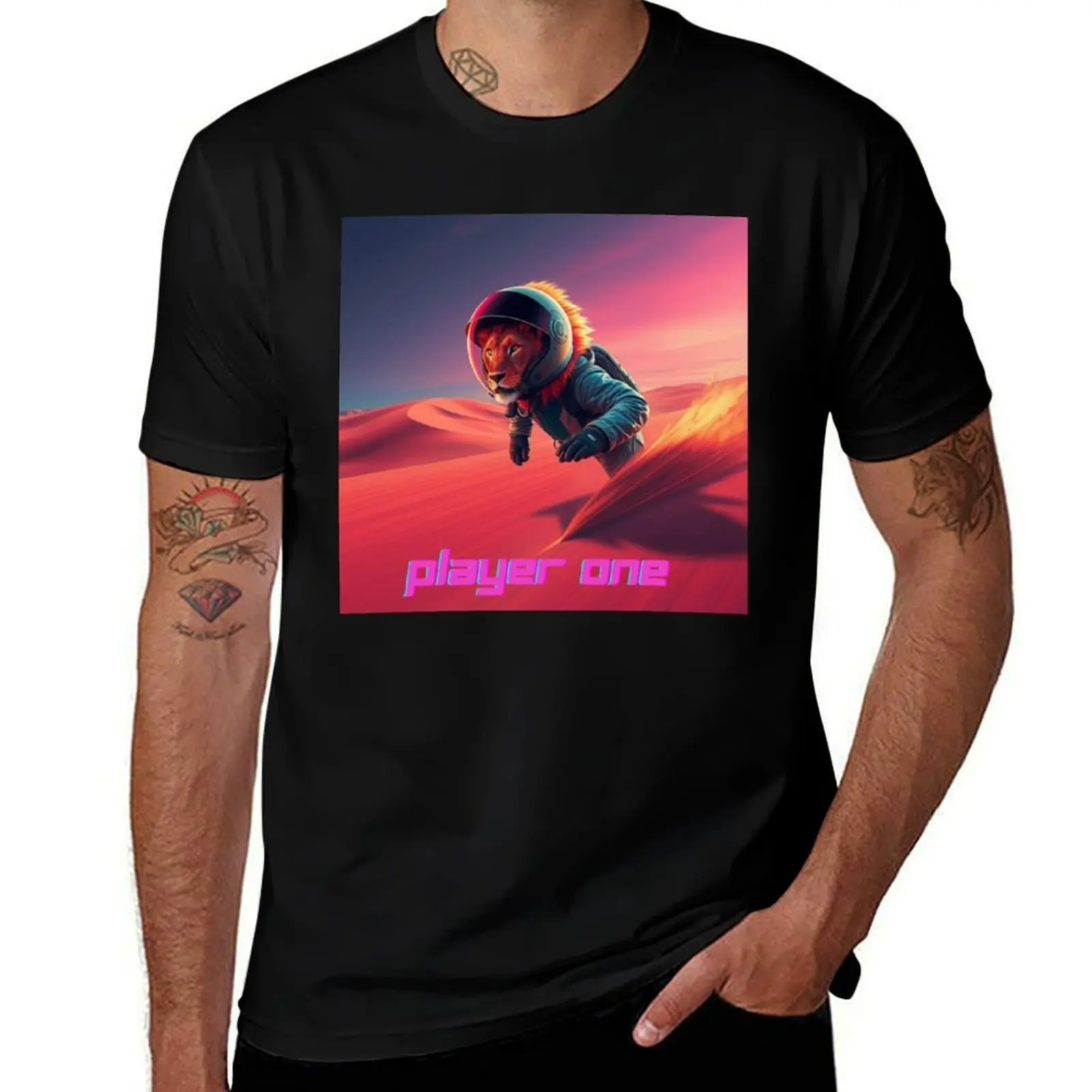 

Player One – Surfing Lion in the Desert Retro Adventure Animal Art T-Shirt anime tshirt anime clothes mens clothing