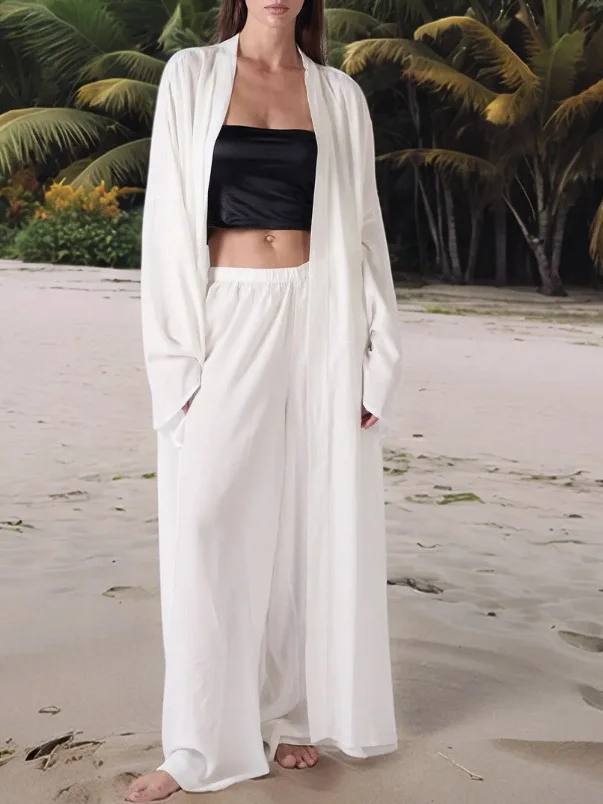 Conjunto de Dos Piezas de Ropa de Playa con Protección Solar, Cárdigan Informal de Manga Larga con Cuello en V, Hoado, Pant...
