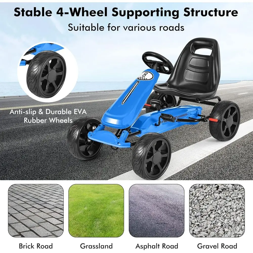 Go Kart à pédale, jouet de conduite à 4 roues, voiture à pédale avec siège ergonomique réglable, frein à main, roues en caoutchouc antidérapantes,