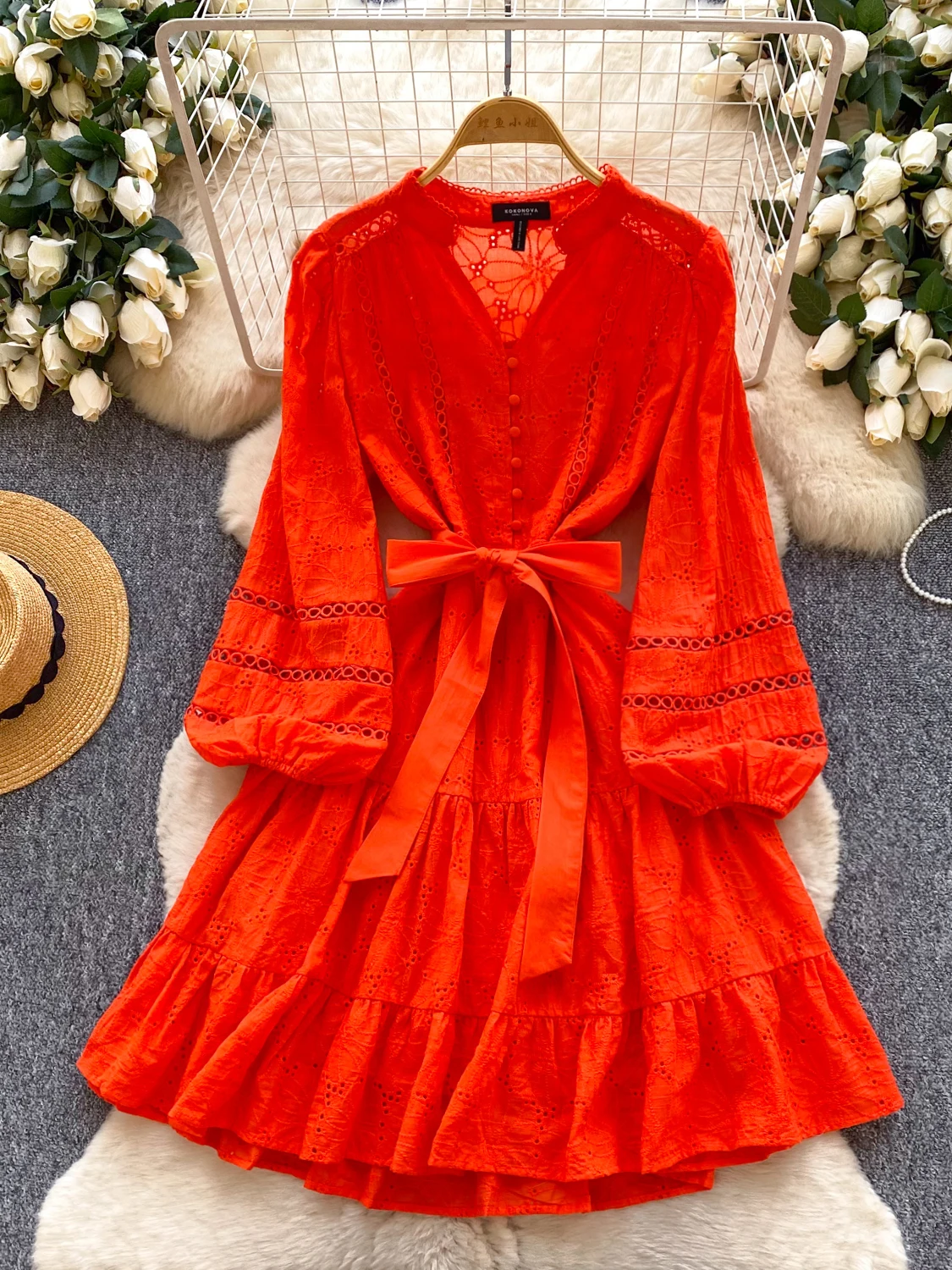 

Ele Lace Hollow out Lantern Sve Dr Women's Korean Sle Slim Fit V Ne Waist Cinched a Line Skirt Summer Dr