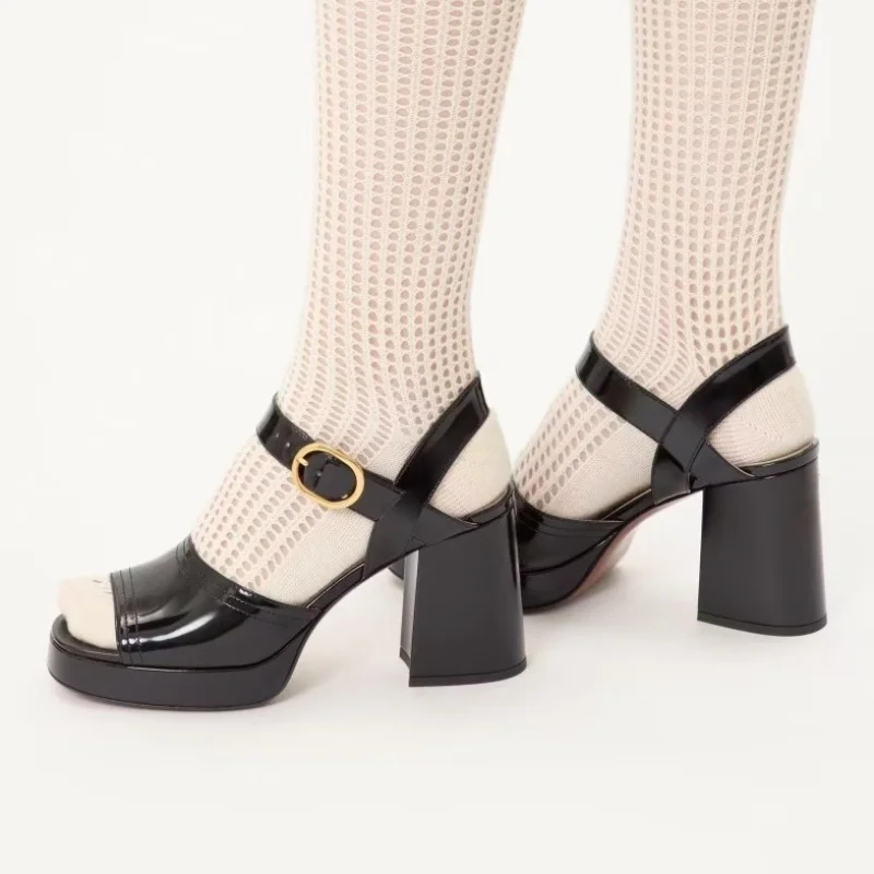 

2025 Summer New Women's High Heel Sandals Gold Open Toe Thick Heel Thick Sole Simple Mature Large Size One-Strap Ladies Shoes