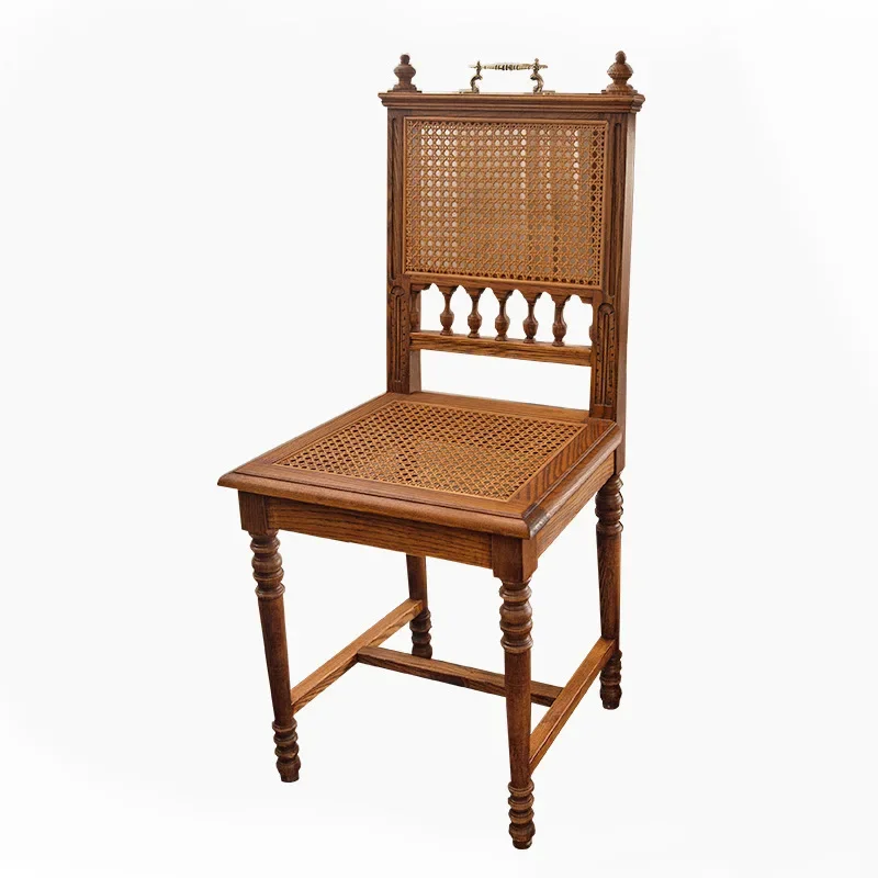 

French retro solid wood chair, medieval home rattan dressing chair