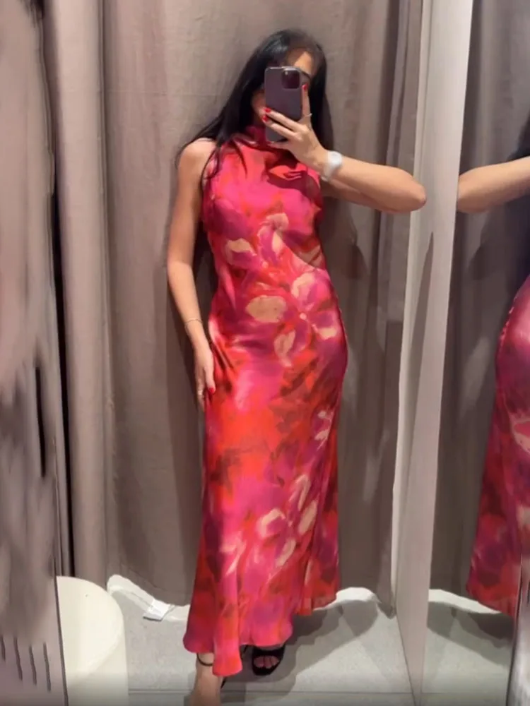 HH Women 2025 Spring New Silk Satin Texture Print Sleeveless Midi Dress Female Light Luxury Elegant Slim Long Dress Mujer