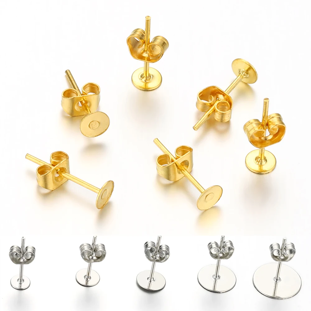 100pcs Stud Earrings Base Blank Post Ear Studs Base Set Pins With Ear Back Earring Plug for DIY Jewelry Making Findings Supplies