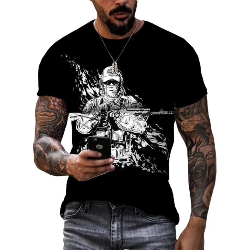 Summer Hardboiled Military Sketch vintage t shirt Men Casual Trend Veteran Personality cool T shirt 3D Printing O-neck Tees Tops