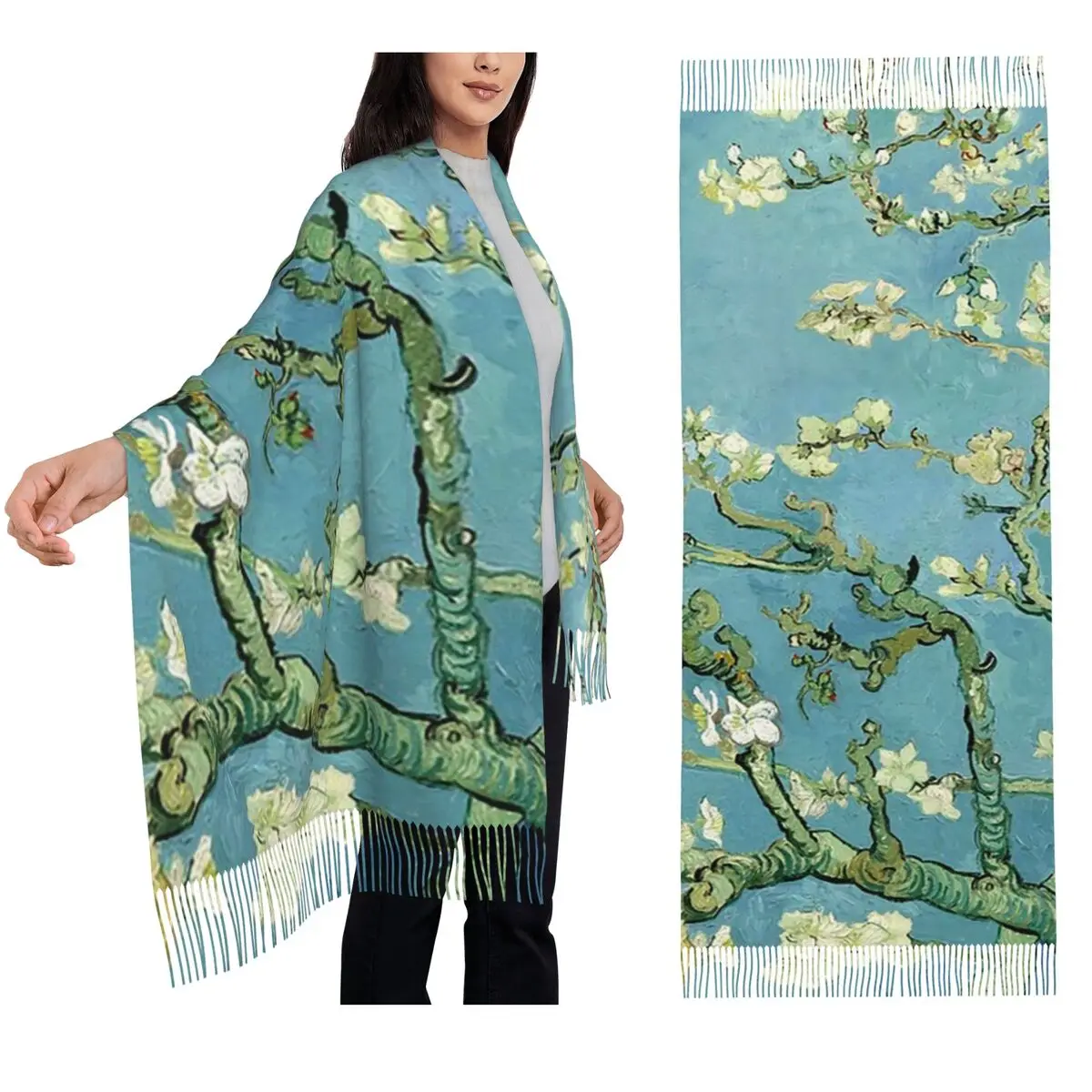 

Шарф с миндальным деревом Ван Гога, шарфы с кисточками, женские мягкие теплые шали и накидки, большая осенне-зимняя шаль