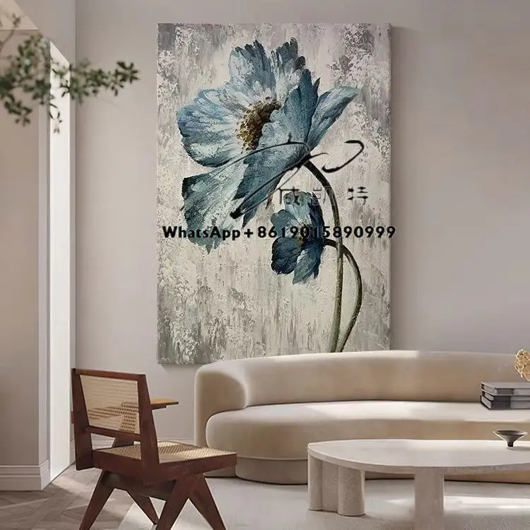 لوحة قماشية على شكل زهرة مرسومة يدويًا لوحات أخرى حديثة لا تزال الحياة معلقة على الحائط الفني الأزرق لتزيين غرفة المعيشة والفندق