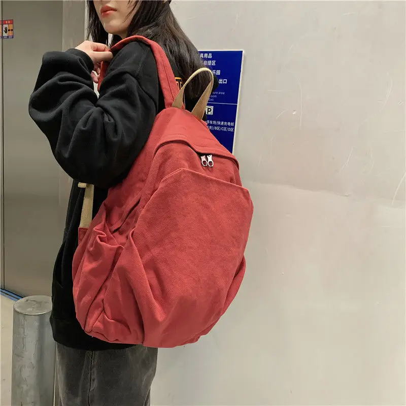 Canvas Student Minimalist Versatile Retro Minimalist Pure Color Travel Casual Backpack Book Bag for Women