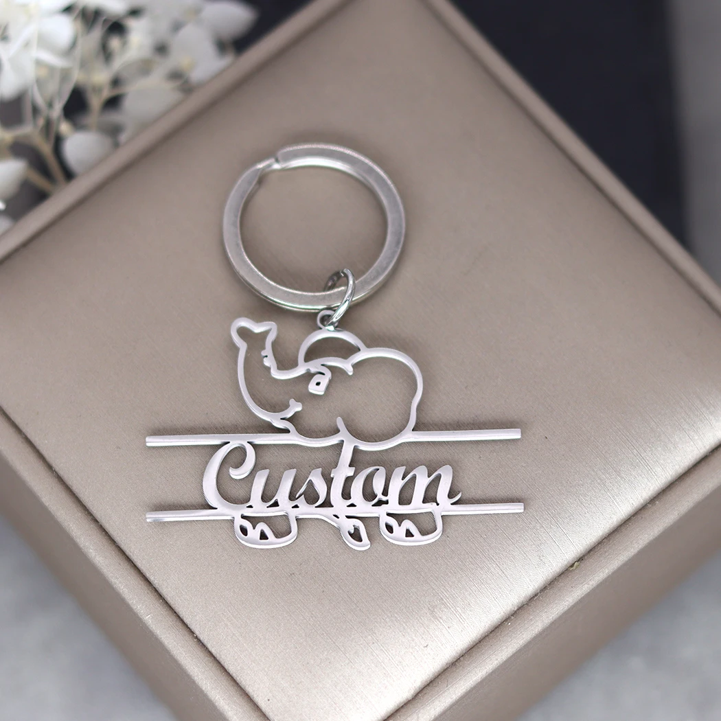 Stainless Steel Custom Name elephant animal Keychain For Women Keyring Customized Pendant Key Ring Trendy Jewelry Birthday Gift