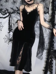 Vestido largo de terciopelo con tirantes finos y espalda descubierta para mujer, vestido cruzado gótico Sexy de retazos de encaje negro, ropa de fiesta Harajuku Emo