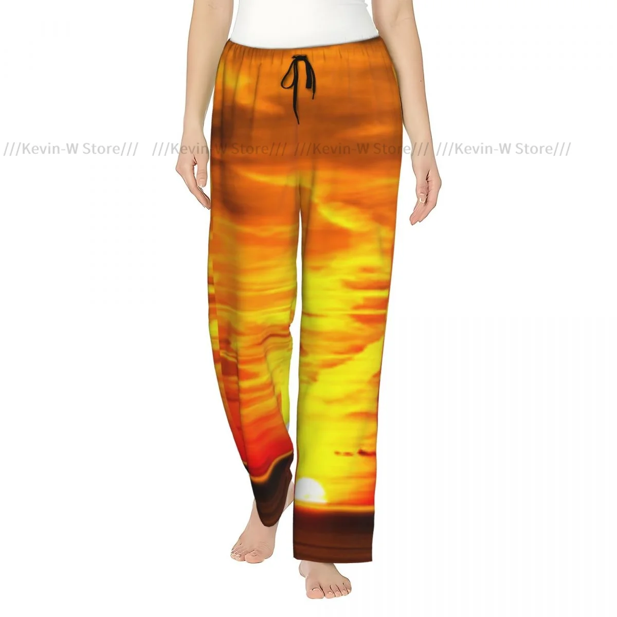 

Sunset Over The Sea Golden Yellow Horizon Sailing Dusk Mediterranean Flannel Pajama Pants for Women and Comfortable Sleepwear