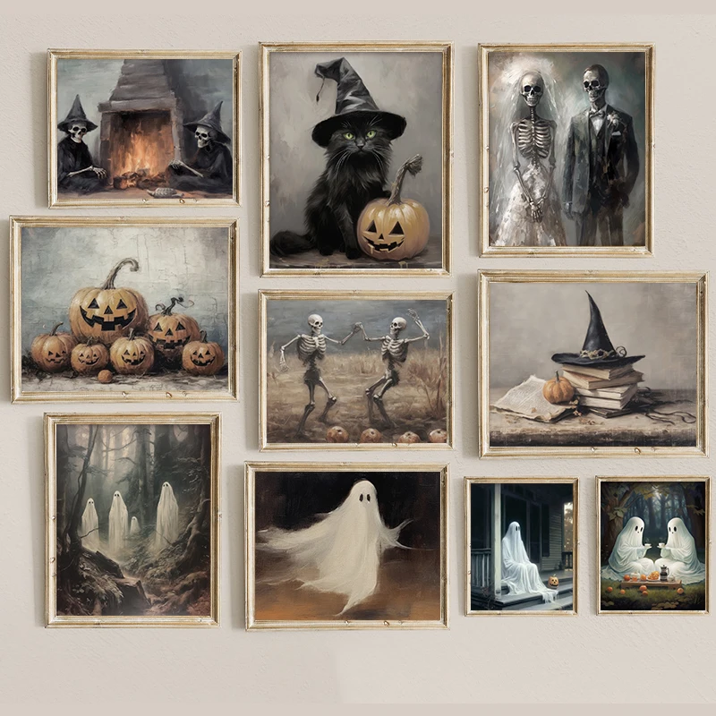 Vintage Halloween Spell Books Witch Dark Skeletons Poster and Prints Canvas Printing Wall Art Picture for Living Room Home Decor