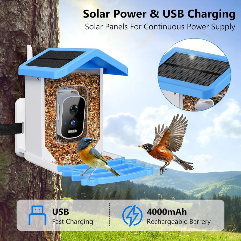 Smart Bird Feeder with Camera AI Bird Species Identify Solar Powered Wireless Outdoor 5MP HD WiFi for Outside Garden Lovers Gift